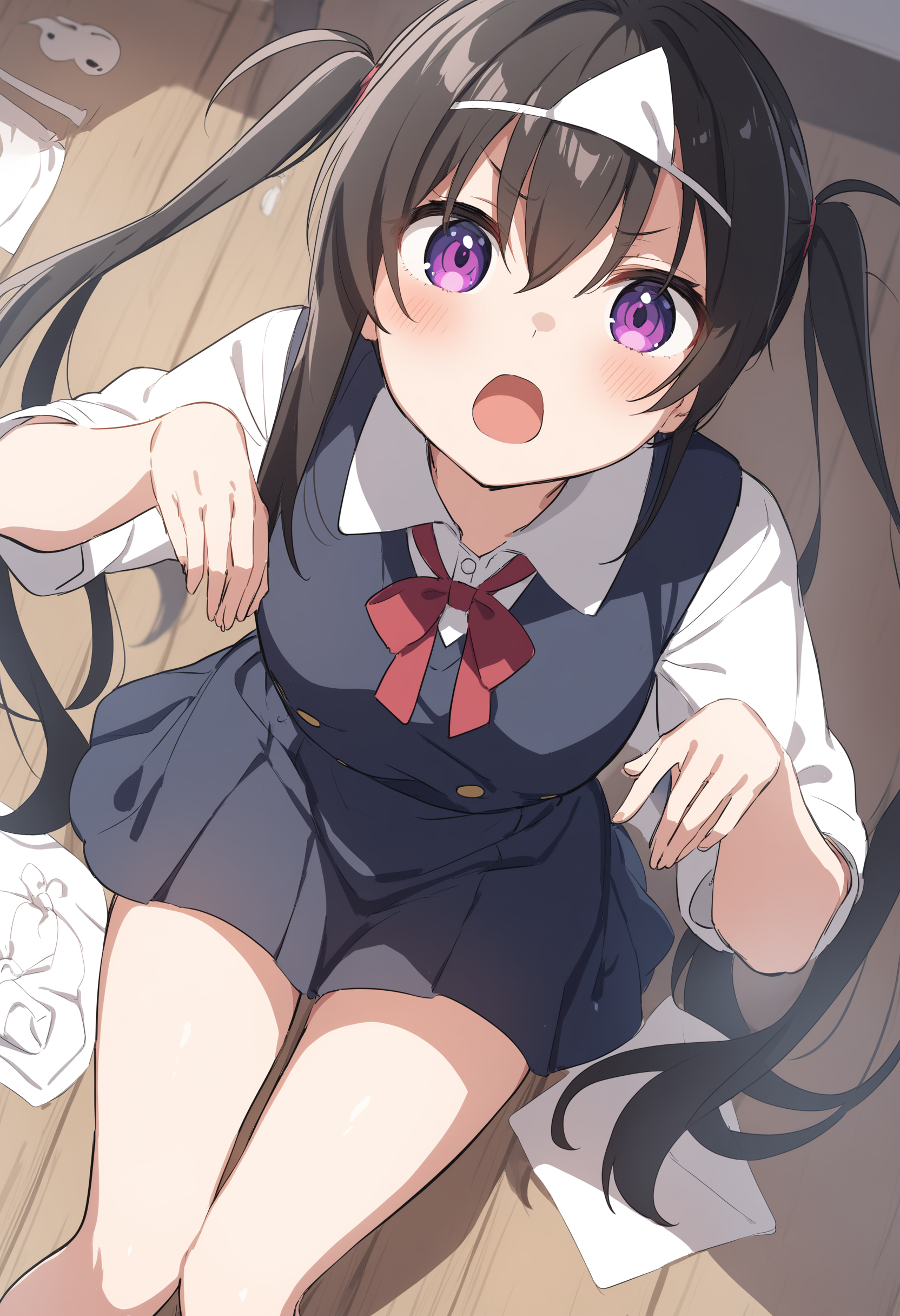 1girl,sincos, ningen mame, toosaka asagi,solo,medium breasts,
triangular headpiece,  hitodama, ghost pose,<lora:triangularheadpiece_XL_v1:0.8>
ghost,  school uniform,
from above, cinematic angle, looking up, black hair, pink eyes,determined, drawing and manual arts room, open mouth, quad tails hair,,
best quality, very aesthetic, absurdres