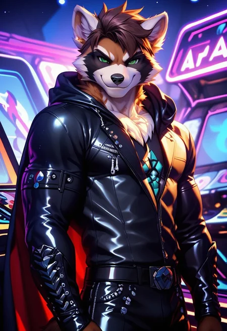 score_9, score_8_up, score_7_up,score_9, score_8_up, score_7_up, ((cowboy shot)), arcade, standing, BREAK, ((High fantasy art style)), solo, male, anthro raccoon, black hooded cloak, (black leather breastplate), black leather greaves, black leather pauldrons, black leather boots, brown hair, ((detailed green eyes)), ((Masterpiece), (absurdres), (shadowy), (mysterious), ((smirk)), playing arcade game