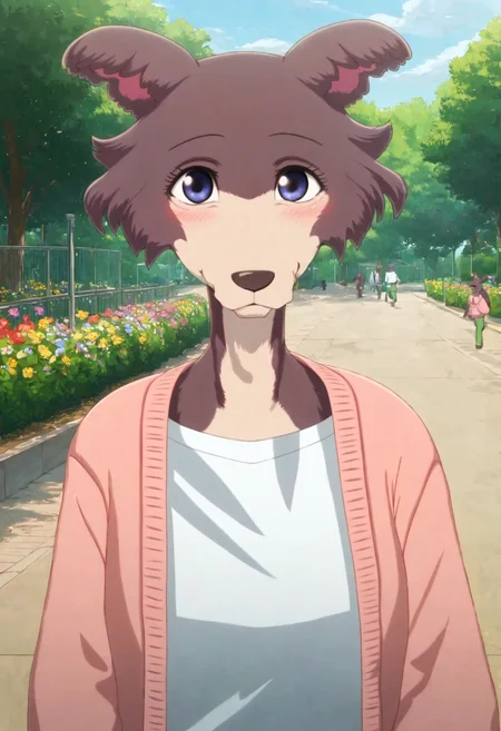 score_9, score_8_up, score_8, score_7_up, score_7, score_6, sidelighting, volumetric lighting, ray tracing, detailed lighting, subsurface scattering, (masterpiece, best quality), very aesthetic, source_furry,  solo, cute, blush, cute  pose, juno, wolf girl, brown-purple fur, blue eyes, wolf tail, pink cardigan, white t-shirt, green pants, <lora:JunoUpdated:1>, outdoors,  (upper body, face focus, close, looking at viewer, walks to viewer,  walking in the park:1.2), park background, flowers, ultra-detailed, absurdres, depth of field, blurry background, cute smile, 1girl, (girly:1.2), (fullfigured ,voluptuous:1.4),  medium breasts, round breasts,  perky breasts,  detailed fur,  Expressiveh, <lora:Expressive_H:0.8>, <lora:Detail_Slider_v1.4_iteration_3:4>