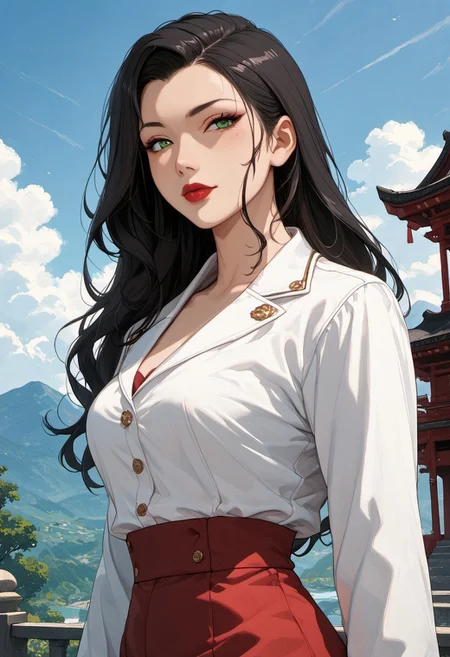 ((zPDXL3)), score_9, score_8_up, score_8, (sexy:2.5), Fantasy, perfecteyes, ultra detailed, high resolution, high quality, masterpiece, intricate details, intricate body, intricate landscape, knva, Expressiveh, European Instagram Model, upper body shot, low light, temple, mountaintop temple,
BREAK
Character: 1girl, solo, source_cartoon, mature female, AsamiSato, long hair, black hair, green eyes, red lips, jacket, skirt, high boots, Asian, Asian features, beautiful, sexy, 
Character Pose: confident stance, cocked hip, cowboy shot, beautiful, full lips, looking at viewer, closed mouth,
<lora:4th_tail_v0.3_lora_extract_l:0.60>