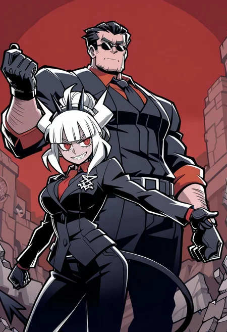 masterpiece, best quality, newest, absurdres, highres, anime, anime style, Dynamic-Duo-Pose-IL.V1.0, Duo, Duo focus, dynamic duo, dynamic pose, pose, 1boy, helltaker \(helltaker\), sunglasses, glasses, black hair, short hair, muscular, muscular male, 1girl, lucifer \(helltaker\), black suit, red necktie, black collared shirt, black gloves, blunt bangs, demon horns, demon girl, demon tail, sharp teeth, red eyes, white hair, long hair