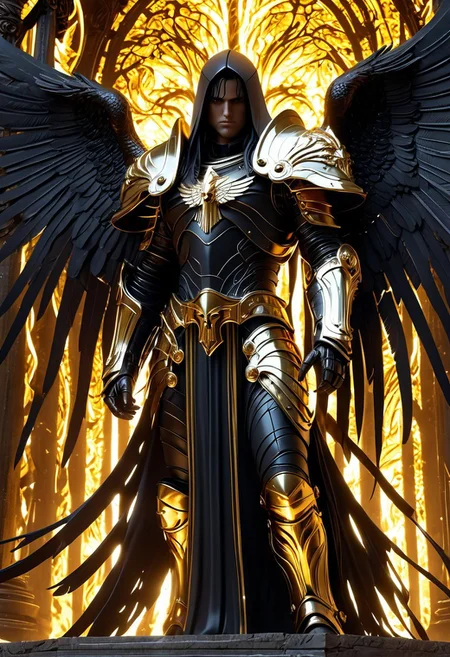 A great, imposing dark angel warrior, white armor with gold details, hood shadowing his face, long black hair, golden angels wings on his back, standing in front of a great dark tree, a gate at the root, glowing light, glowing eyes, flames in the background, cloudy sky, moody light, by H.R Giger, 4k resolution digital art trending on Artstation and unreal engine 5, hyperrealism, full body shot, glowing eyes, cinematic, epic, masterpiece, surreal, fantasycore, hyperdetailed, ultra realistic, octane render, volumetric lighting, depth of field, bokeh, 8 <lora:Details:0.85>