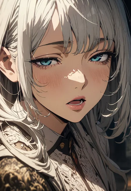 gorgeous lips, cinematic, (masterpiece), (best quality), (ultra-detailed), very aesthetic, illustration, perfect composition, intricate details, absurdres, detailed face, (anime, masterpiece, intricate:1.3), (best quality, hires textures, high detail:1.2), (4k),Masterpiece, bestquality, bestaesthetic,((semi realistic)),((bestquality fingertip)),((beautifully detailed face)),((beautifully detailed eyes)),((beautifully detailed body line)),((kawaii)),{perfect face},{perfect anatomy},intricate,(highly detailed),dark fantasy,1 girl,(beautiful detailed white long hair),( A-line bob cut hair),rouge lips,((unfocused eye)),((half-open eyes)),((upturned eyes)),open mouth,wariza,school girl,shirts,skirts,((full body)),proto style