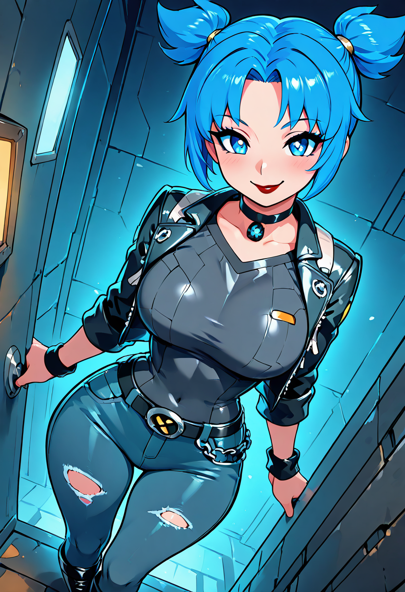 masterpiece, best quality, solo, curvy, beautiful eyes, narrow waist, wide hips, 1girl, solo, smile, looking at viewer, dynamic angle, foreshortening, close up,    zzVela, blue eyes, blue hair, short hair, twintails, short twintails, <lora:VelaJetforce_IXL:0.8>,[Dark Emo], black leather jacket with silver studs and a skull zipper pull, long-sleeve black t-shirt with a dark, faded graphic, dark ripped skinny jeans with a heavy chain belt, high leather boots with silver buckles, black choker with a dangling pendant, dark smoky eye shadow with bold black eyeliner, deep plum lipstick, standing under a streetlamp on a quiet rainy night,