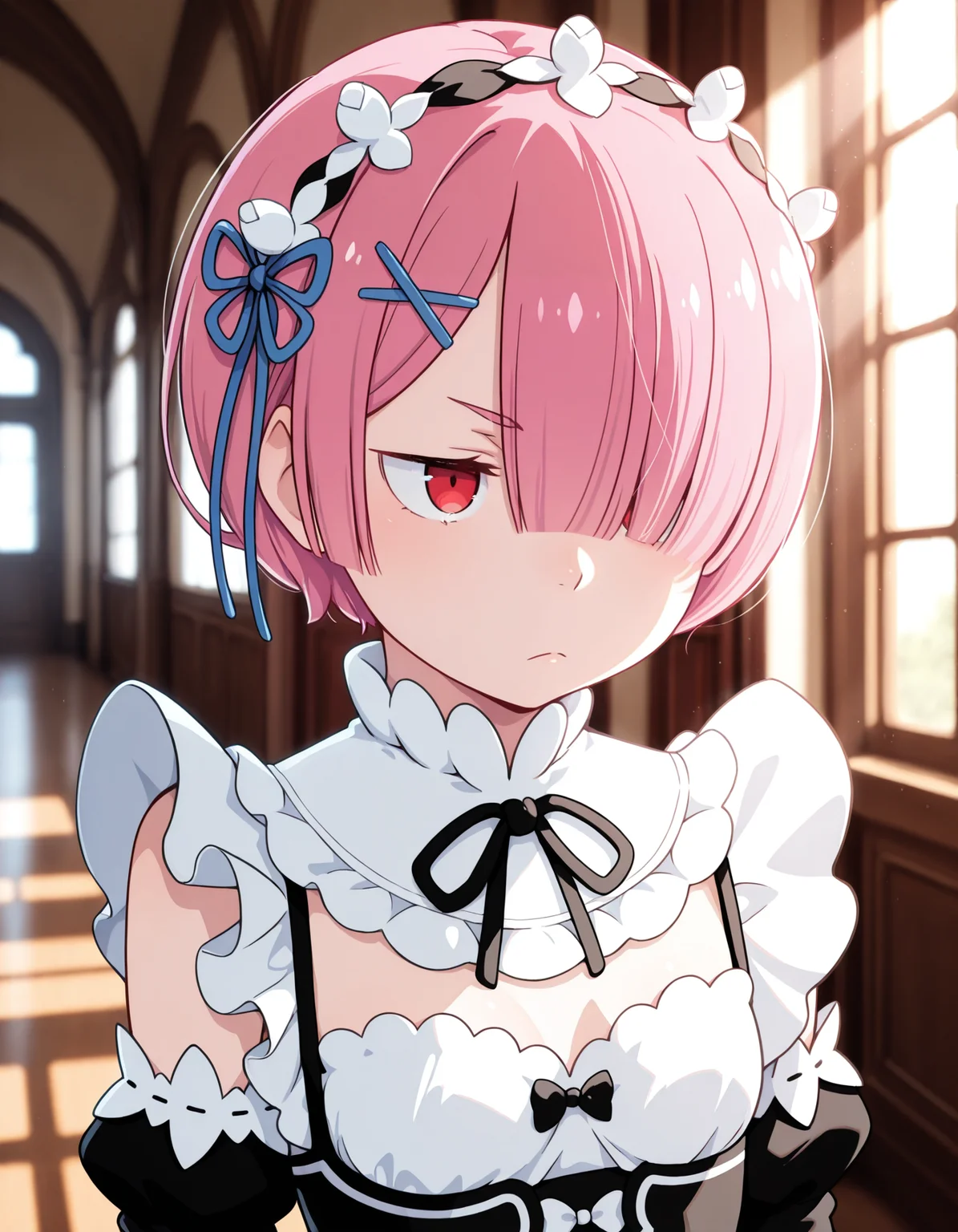 <lora:Ram Illu:1>1girl, solo,
r4m, short hair, pink hair, hair over one eye, red eyes,
roswaal mansion maid uniform, standing, unamused, manor hallway, sunrays, windows, blurry background,
<lora:cfg_scale_boost:0.7>, masterpiece, best quality, amazing quality