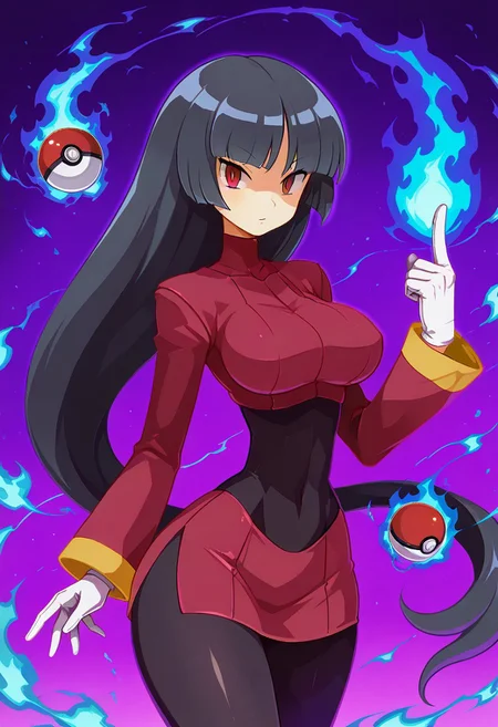masterpiece, best quality, 
zzSabrina, red eyes, long hair, blunt bangs, sabrina (pokemon), purple hair, pantyhose, black hair, long sleeves, red skirt, white gloves, black bodysuit, 
one finger up, floating pokeball, purple glow, 
purple aura, 
purple fire in background, 
cowboy shot, looking at viewer, shiny skin, 
wide hips, narrow waist, large breasts,