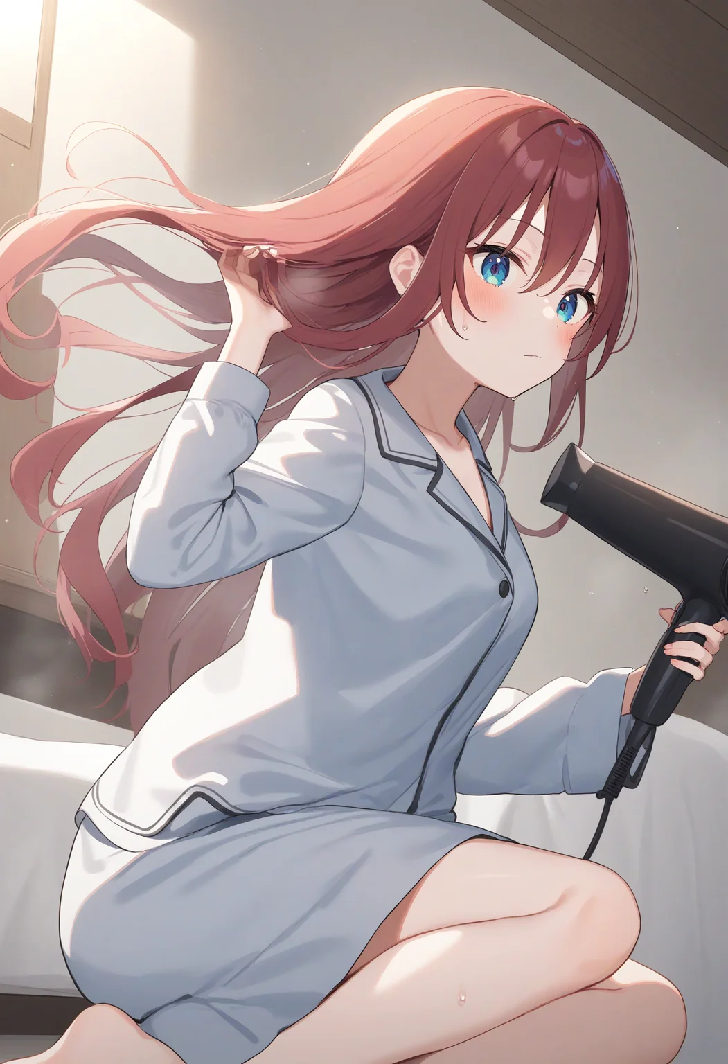 1girl,sincos, ningen mame, toosaka asagi,solo,medium breasts,
hair dryer,drying hair,pajamas, wet hair ,floating hair,wind, after bathing,hand in own hair ,indoors,<lora:dryer_XL_v1:0.8>
from side, feet out of frame, looking down, red hair, brown eyes,furled brow, closed mouth,hair down,
best quality, very aesthetic, absurdres