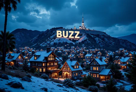 create a wide angle realistic digital paining of giant sign made of letters spelling the word "BUZZ" on a hill side reminiscent of the famous Hollywood Sign. The scene is winter at night, warm cozy christmas lights decorate the BUZZ sign which is up on a hill side above a story book style village with all the tiny houses decorated in christmas decor.