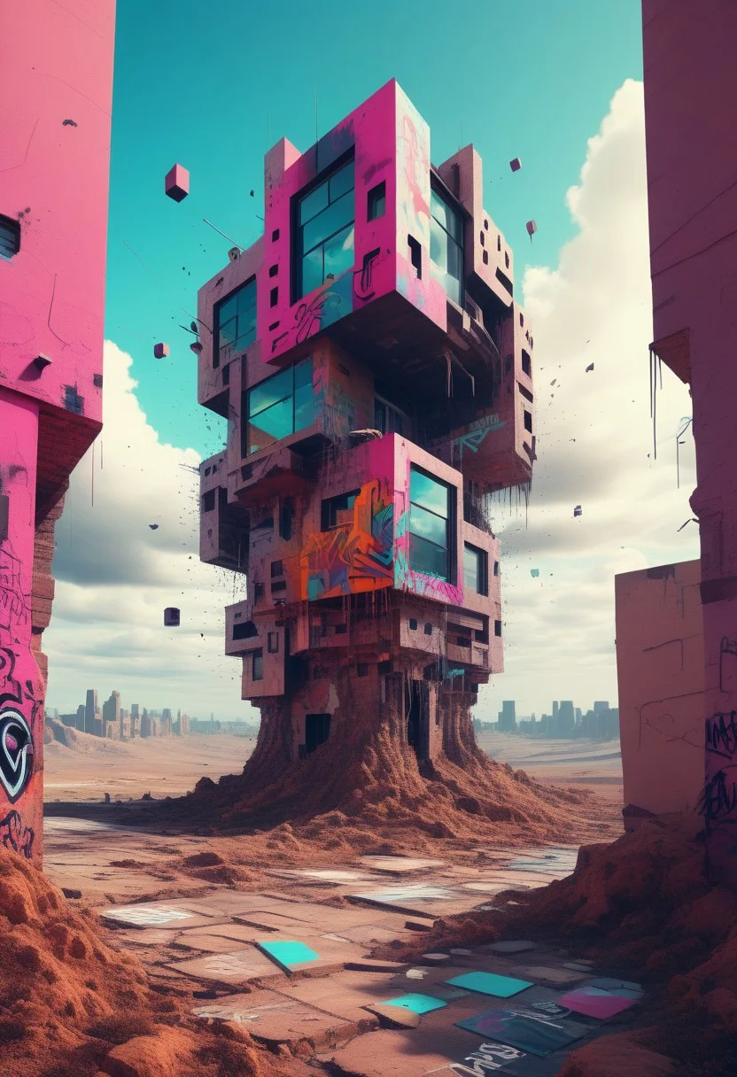 Glitching Surrealist Sci-Fi with Graffiti Collisions
A sci-fi landscape twisted by surrealism and glitch art. Buildings hover mid-air, breaking apart in strange, geometric shapes. The walls are covered with vibrant graffiti that seems to bleed into the air itself, merging with the glitching sky. The horizon is full of distorted shapes, some cubist in nature, others completely abstract. The scene is a chaotic mix of technology, art, and distortion, where the boundary between the digital and the physical world no longer exists.