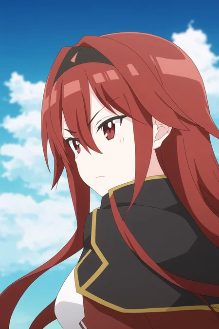 mii, anime art style, 1girl, solo, long_hair, bangs, red_eyes, hair_between_eyes, closed_mouth, red_hair, hairband, sky, day, blue_sky, v-shaped_eyebrows, frown, black_hairband, portrait