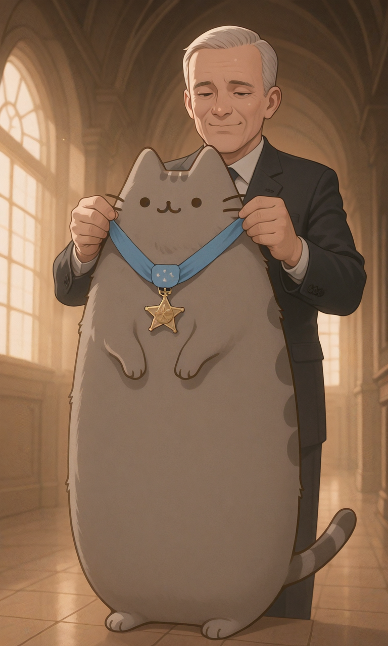 embedding:IllusP0s, holding medal of honor from behind, pusheen,1boy, suit,<lora:PusheenIXL.safetensors:0.7:0.7> <lora:holding medal of honor from behind_illustrious.safetensors:1.0:1.0>