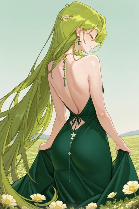 masterpiece, best quality, amazing quality,
<lora:SloBid_IL:1> slobid, 1girl, solo, long hair, dress, jewelry, flower, earrings, green hair, closed eyes, green dress, smile, sky, backless outfit, backless dress, very long hair, back, from behind