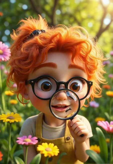 Create a whimsical scene featuring a quirky redhead wearing oversized glasses, intently looking through a giant magnifying glass at an ant. Her expression is one of fascination and curiosity, with her wild hair framing her face. Surround her with a vibrant, colorful garden filled with flowers and greenery, enhancing the playful atmosphere. The sunlight filters through the leaves, casting dappled shadows around her. Use a blend of cartoonish and realistic styles to capture the charm and wonder of this delightful moment.
<lora:aidmaMJ6.1v0.4:1> aidmaMJ6.1, <lora:aidmaHyperrealismv0.3:1> aidmaHyperrealism, 3d fluffy, closeup cute and adorable, cute big circular reflective eyes, long fuzzy fur, Pixar render, unreal engine cinematic smooth, intricate detail, cinematic