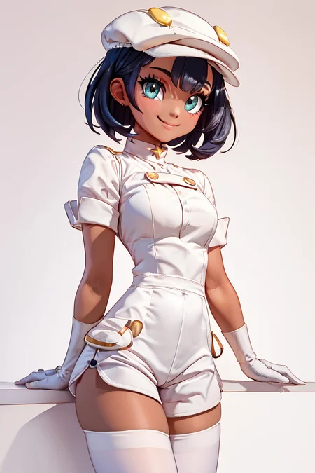 score_9, score_8_up, score_8, medium breasts, (curvy), cute, eyelashes, BREAK, , zzAether, dark skin, white cabbie hat, black hair, white uniform, white pantyhose, white gloves, <lora:Aether_Employee_Pokemon_PDXL_v1:0.8>, BREAK, (dolphin shorts:1), smile, closed mouth, looking at viewer, cowboy shot, embedding:zPDXL, Expressiveh, <lora:BeautifulCAT_PDXL:1.0>, <lora:SDXLFaeTastic2400:0.5>, <lora:Expressive_H-000001:0.4>,