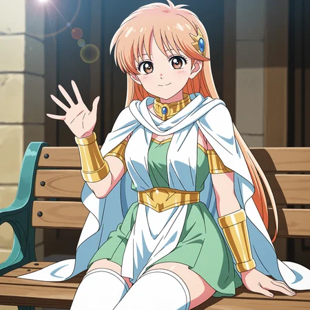 <lora:leona_1_nai-000065:1>,anime coloring,
leona,orange hair,brown eyes,
hair ornament,armor,white cape,gold bracer,green dress,short dress,off-shoulder dress,white scarf,gold collar,white thighhighs,pelvic curtain,
1girl,solo,smile,sitting,on bench,waving,front view,looking at viewer,depth of field,lens_flare,
