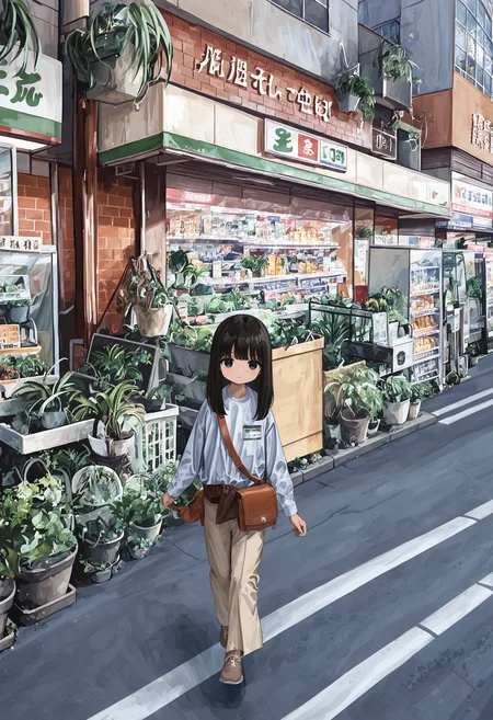 masterpiece, highres, absurdres, newest, very awa, outdoors, very wide shot, high angle, 1girl, solo, black eyes, oversized white short, beige pants, satchel, walking, looking at viewer, road, building, potted plant, hanging plant, convenience store, storefront, <lora:spo_sdxl_10ep_4k-data_lora_webui>, <lora:NOOB_EPSv1_1_detailer_by_vlnvk_v1_0>, <lora:noobai_ep11_stabilizer_v0.30_fp16>, <lora:sa1bi_r1>