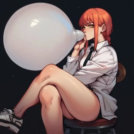 score_9, score_8_up, score_7_up, score_6_up, score_5_up, score_4_up, source_anime 1girl, solo, makima (chainsaw man), (blowing white balloon, b2p), looking at viewer, closed mouth, crossed legs, sitting on stool, black background