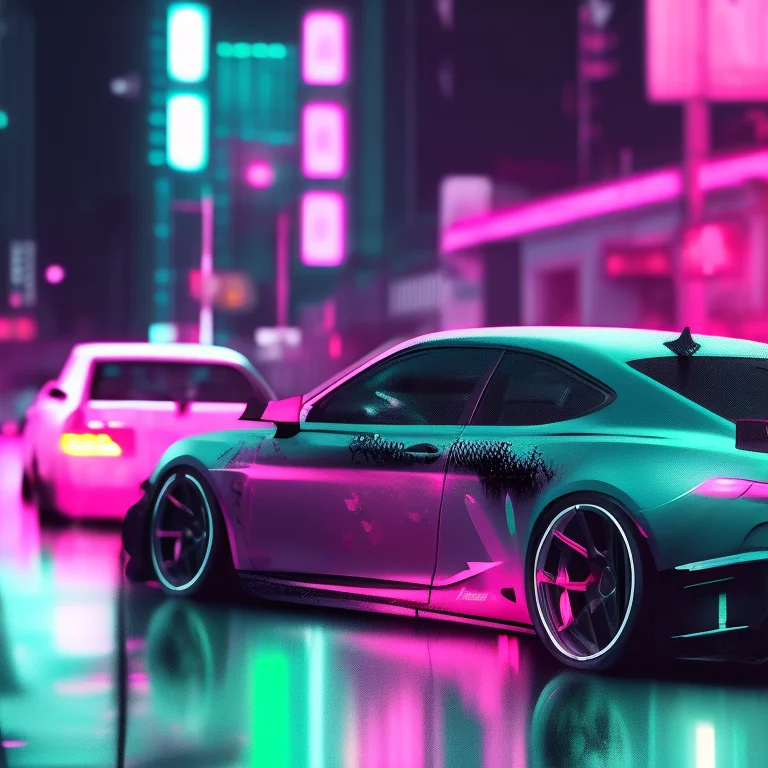 a photo of a car parked on a city street at night with neon lights on it's side and a neon street light behind it, art by carstestv3