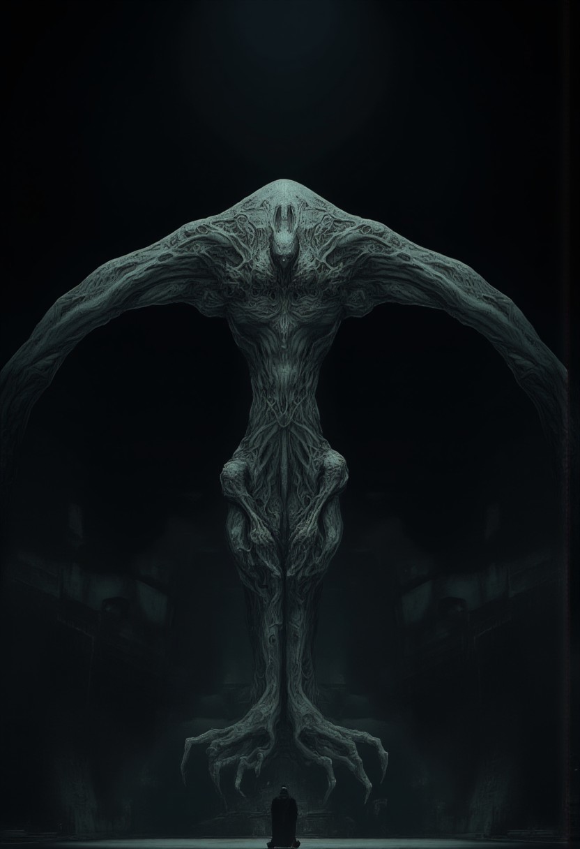 Set against a solid dark black color background to emphasize its unsettling unnatural form that emphasizes its silhouette. The medium is not a traditional painting or illustrative medium like watercolor or ink but rather a digital 3D rendering.
closeup of a man kneeling in front of a Monster Boss resembling an ethereal three-eyed raven
MikeFranchinastyle, d4artstyle, d4concept, , bbstyle,, horror theme,, zbrush, ZBClay model of a gray sculpture, 1990's, 1990's style