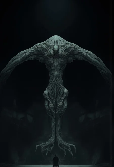 Set against a solid dark black color background to emphasize its unsettling unnatural form that emphasizes its silhouette. The medium is not a traditional painting or illustrative medium like watercolor or ink but rather a digital 3D rendering.
closeup of a man kneeling in front of a Monster Boss resembling an ethereal three-eyed raven
MikeFranchinastyle, d4artstyle, d4concept, , bbstyle,, horror theme,, zbrush, ZBClay model of a gray sculpture, 1990's, 1990's style