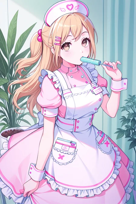 masterpiece, best quality, amazing quality,
 <lora:Arisa_IL:1> arisa, 1girl, hat, solo, dress, nurse cap, short sleeves, apron, looking at viewer, wrist cuffs, hair ornament, pink dress, plant, frills, food, holding, puffy sleeves, puffy short sleeves
