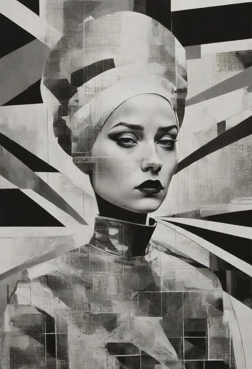 pop surrealism, rough crosshatch drawing pop art Lunatic_Portrait of a girl in latex, slick back, low bun, black makeup, sinister expression, intense glare, avant-garde, abstract, weird, geometric, constructivism, suprematism, rayonism, verticism, lineism, tj