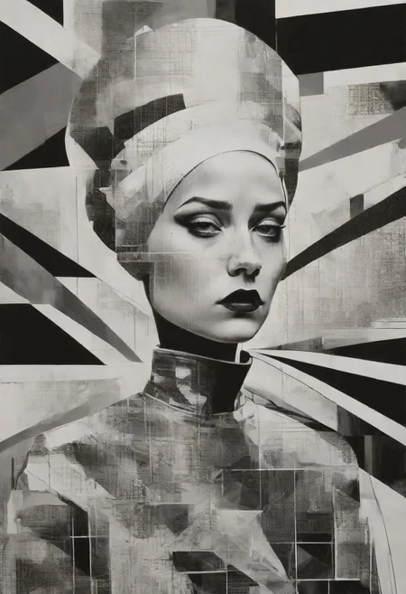 pop surrealism, rough crosshatch drawing pop art Lunatic_Portrait of a girl in latex, slick back, low bun, black makeup, sinister expression, intense glare, avant-garde, abstract, weird, geometric, constructivism, suprematism, rayonism, verticism, lineism, tj