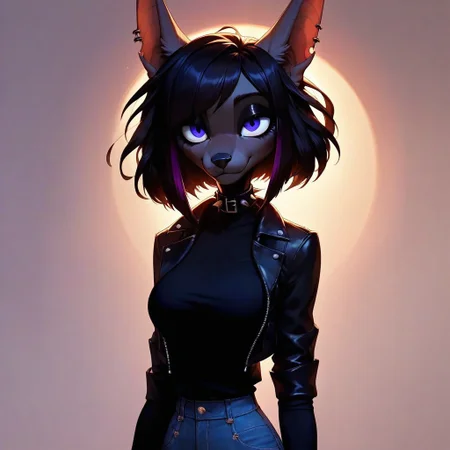 digital_media_(artwork) hi_res, score_9, score_8_up, score_7_up, score_6_up, score_5_up, score_4_up, rating_safe, beautiful, intricate, high quality details, highly detailed, amazing quality, anthro, furry, no humans, furry female, detailed textured fur, fur tufts, fluffy, cute, cute face, small, detailed sexy eyes, solo, SFW, jackal, expressive, sassy, multicolored hair, streaked hair, absurdres, highres, shirt, denim pants, leather jacket, spiked collar, clothed slim, clothed slender, clothed skinny, goth, heavy eyeliner, heavy eye shadow, breasts, vivid colors,