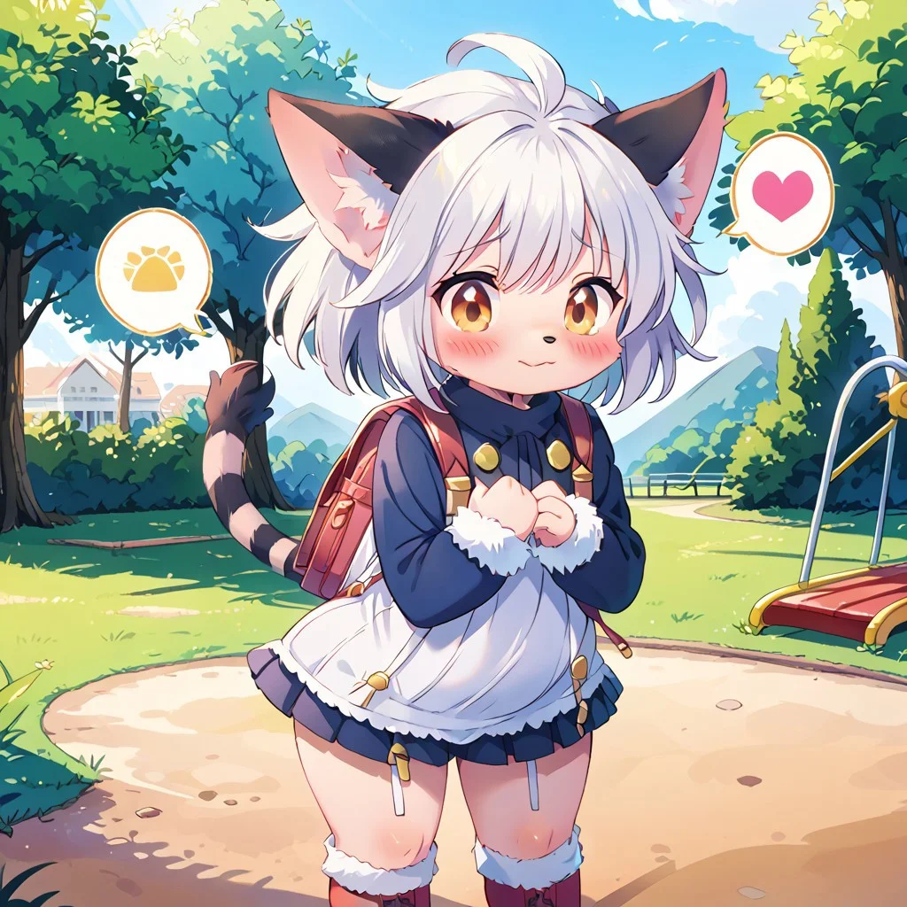 uploaded on e621, source_furry, rating_safe,moe, cute, score_10, score_9_up, score_8_up, score_7_up, score_6_up, absurdres, sharp, ((heart speech bubble)),
((ultra-detailed)), ((best quality)), ((best quality)), ((extremely detailed)),4K, (8K), masterpiece,colorful, best quality, official art, highres, masterpiece, nai3, god light, detailed background, high quality background, Smooth, Anime, Expressiveh,
cute face, perfect anatomy,beautiful eyes, cute eyes, detailed skin, perfect hands, perfect face, front view,
BREAK,
park,playground,
smile,ull Body, Romantic,
(((embarrassed))),standing,
Furry,((feral,canine)),
((solo,1girl,female)),elh, cat ears, body fur,fur trim, white hair,striped tail,
orange eyes,big eyes,closed mouth,3_fingers,3_toes,belly,slightly chubby, thick thighs,wide hips,
((clothing,clothed,clothed_feral)),((school uniform)),long shirt, blue shirt,long sleeves, frilled skirt, pink skirt,((socks,boots,red boots)), randoseru,backpack <lora:ElhPDXL:1>
