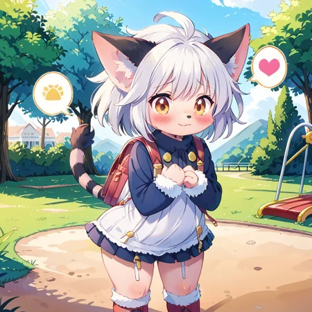 uploaded on e621, source_furry, rating_safe,moe, cute, score_10, score_9_up, score_8_up, score_7_up, score_6_up, absurdres, sharp, ((heart speech bubble)),
((ultra-detailed)), ((best quality)), ((best quality)), ((extremely detailed)),4K, (8K), masterpiece,colorful, best quality, official art, highres, masterpiece, nai3, god light, detailed background, high quality background, Smooth, Anime, Expressiveh,
cute face, perfect anatomy,beautiful eyes, cute eyes, detailed skin, perfect hands, perfect face, front view,
BREAK,
park,playground,
smile,ull Body, Romantic,
(((embarrassed))),standing,
Furry,((feral,canine)),
((solo,1girl,female)),elh, cat ears, body fur,fur trim, white hair,striped tail,
orange eyes,big eyes,closed mouth,3_fingers,3_toes,belly,slightly chubby, thick thighs,wide hips,
((clothing,clothed,clothed_feral)),((school uniform)),long shirt, blue shirt,long sleeves, frilled skirt, pink skirt,((socks,boots,red boots)), randoseru,backpack <lora:ElhPDXL:1>