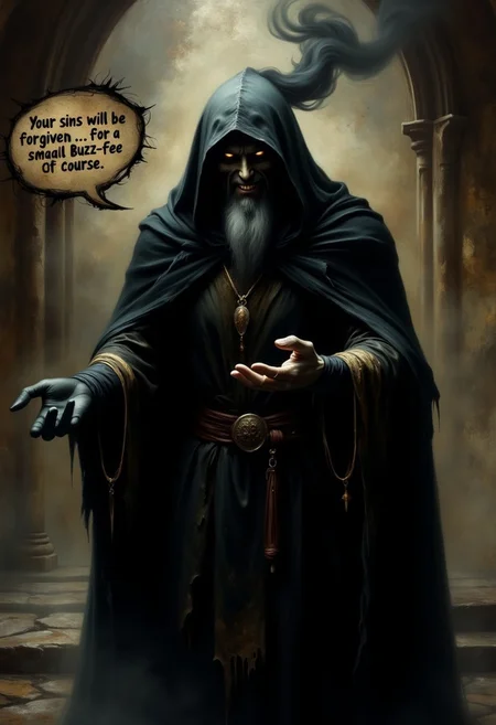 closeup view of an atmospheric and powerful dark fantasy, natural organic and impressionist classical-style painting of a dark and ominous looking occultist creature. It has long dark gray smoke coming out of it's head and body. The creature is wearing a long black robe and a tattered black cape, dark fantasy style, in a gloomy gothic church, holding out his hand with an open palm in black glove, sly cunning look, sarcastic smile, a disdainful, mocking look, smile, gloomy robe with a hood, the hood almost completely hides his face, low angle shot, low light. (inscription above him in speech buble: "Your sins will be forgiven... for a small Buzz-fee, of course.":1.2), sharp rough scratched font