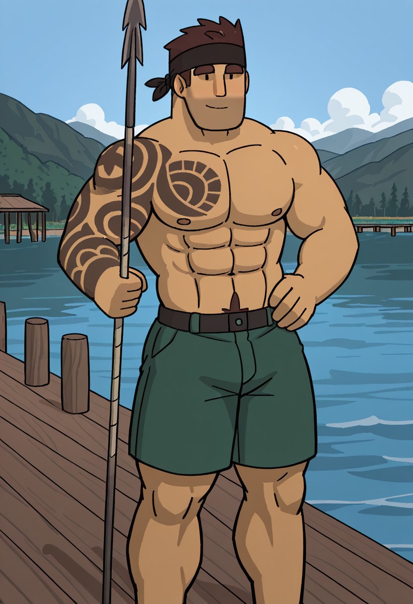 detailed background, detailed background, masterpiece, perfect quality, best quality, detailed, newest, very aesthetic, ValdoRMA, short hair, bara, solo, brown hair, 1boy, male focus, outdoors background, pier, lake, pectorals, abs, muscular. black dot eyes, green short pants, holding a spear, smile