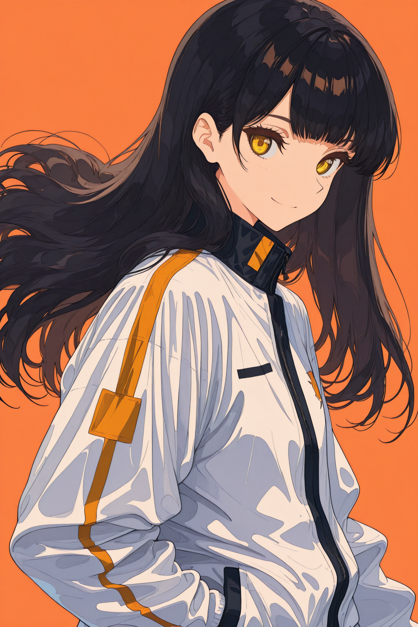 1girl,solo,long hair,black hair,looking at viewer,upper body,long sleeves,smile,jacket,bangs,closed mouth,white jacket,yellow eyes,orange background,
<lora:jiaocha_illustriousXL:1.5>,