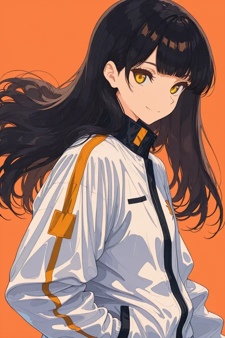1girl,solo,long hair,black hair,looking at viewer,upper body,long sleeves,smile,jacket,bangs,closed mouth,white jacket,yellow eyes,orange background,
<lora:jiaocha_illustriousXL:1.5>,