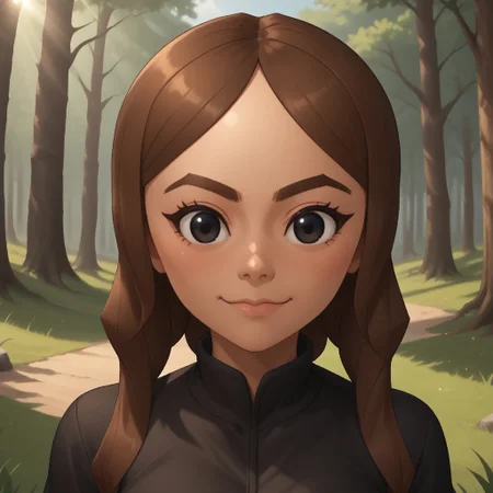 score_9, score_8, BREAK, solo, mii, wii, wii sports, female mii, 1girl, brown hair, black eyes, brown eyebrows, dark skin, blush, black clothing, black pants, sandals, breasts, cute, Chika_(Wii_Sports), nintendo mii, modern_mii, classic_mii, sexy pose, smile, outdoors, sunlight, shadows, evening lighting, natural lighting, forest, trees, grass, orange sky, sunset