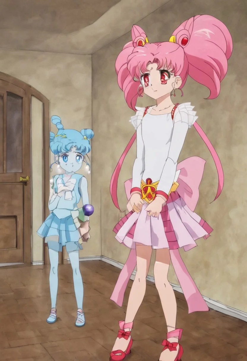<lora:SMCrystalSDXL-REDO:1> 1girl, anime coloring, blue eyes, closed mouth, crystal movies style, earrings, red eyes, pink hair, hair bun, indoors, jewelry, magical girl, multicolored skirt, necklace, pleated skirt, red bow, short hair, shorts, skirt, twintails, very long hair