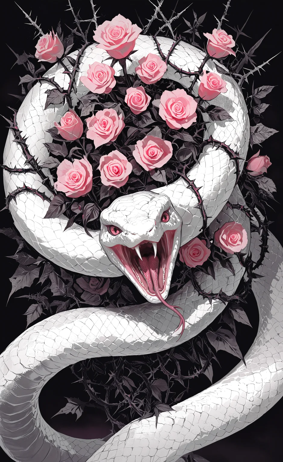 masterpiece, best quality, good quality, very awa, newest, highres, absurdres, solo, looking at viewer, open mouth, flower, no humans, rose, animal, fangs, leaf, plant, pink flower, realistic, snake, scales, animal focus, thorns, forked tongue, white snake, limited palette, <lora:illustriousXL_stabilizer_v1.23:0.3> <lora:NOOB_vp1_detailer_by_volnovik_v1:0.3> <lora:ponyv6_noobE11_2_adamW-000017:0.3> <lora:114558v4df2fsdf5:0.6> <lora:XXX667:0.4> <lora:mon_monmon2133:0.5>