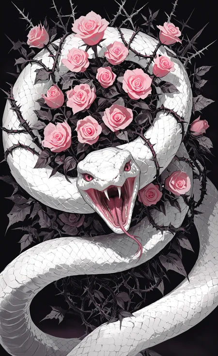 masterpiece, best quality, good quality, very awa, newest, highres, absurdres, solo, looking at viewer, open mouth, flower, no humans, rose, animal, fangs, leaf, plant, pink flower, realistic, snake, scales, animal focus, thorns, forked tongue, white snake, limited palette, <lora:illustriousXL_stabilizer_v1.23:0.3> <lora:NOOB_vp1_detailer_by_volnovik_v1:0.3> <lora:ponyv6_noobE11_2_adamW-000017:0.3> <lora:114558v4df2fsdf5:0.6> <lora:XXX667:0.4> <lora:mon_monmon2133:0.5>