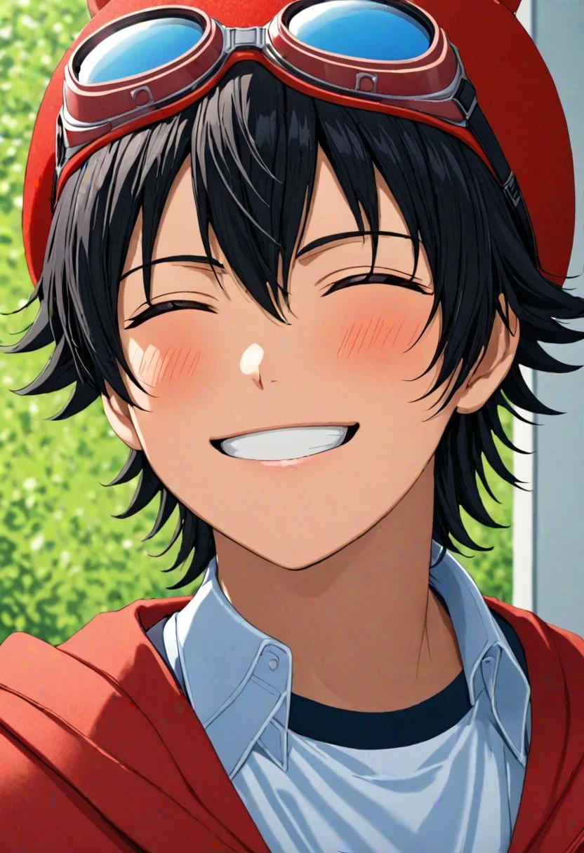 Yuusuke Fujisaki, Red Hat, Goggles, masterpiece, Candid Photo, best quality, (1boy), solo, male focus, High definition, Black hair, 4K, narcissistic, smile