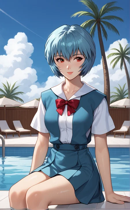 score_9, score_8_up, score_7_up, absurdres, soaking feet, pool, palm tree, outdoors, sitting, water, looking to the side, light smile, day, sidelighting, cloudy sky, partially submerged, cocktail, scenery, <lora:PONYXL_Eve_ReiAyanami_ownwaifu:1>, BREAK MainOutfit_ReiAyanami_ownwaifu, 1girl, short hair, red eyes, blue hair, bangs, white shirt, red ribbon, short sleeves, neck ribbon, hair between eyes, collarbone, suspender skirt, sailor collar, pale skin, shirt, blue skirt, school uniform, blue dress, red bow, white sailor collar, breasts, collared shirt, eyebrows visible through hair, shiny hair, pinafore dress, red neckwear, vest, bob cut, bowtie, lips, messy hair, puffy sleeves, aqua hair, <lora:add-detail-xl:0.15>,