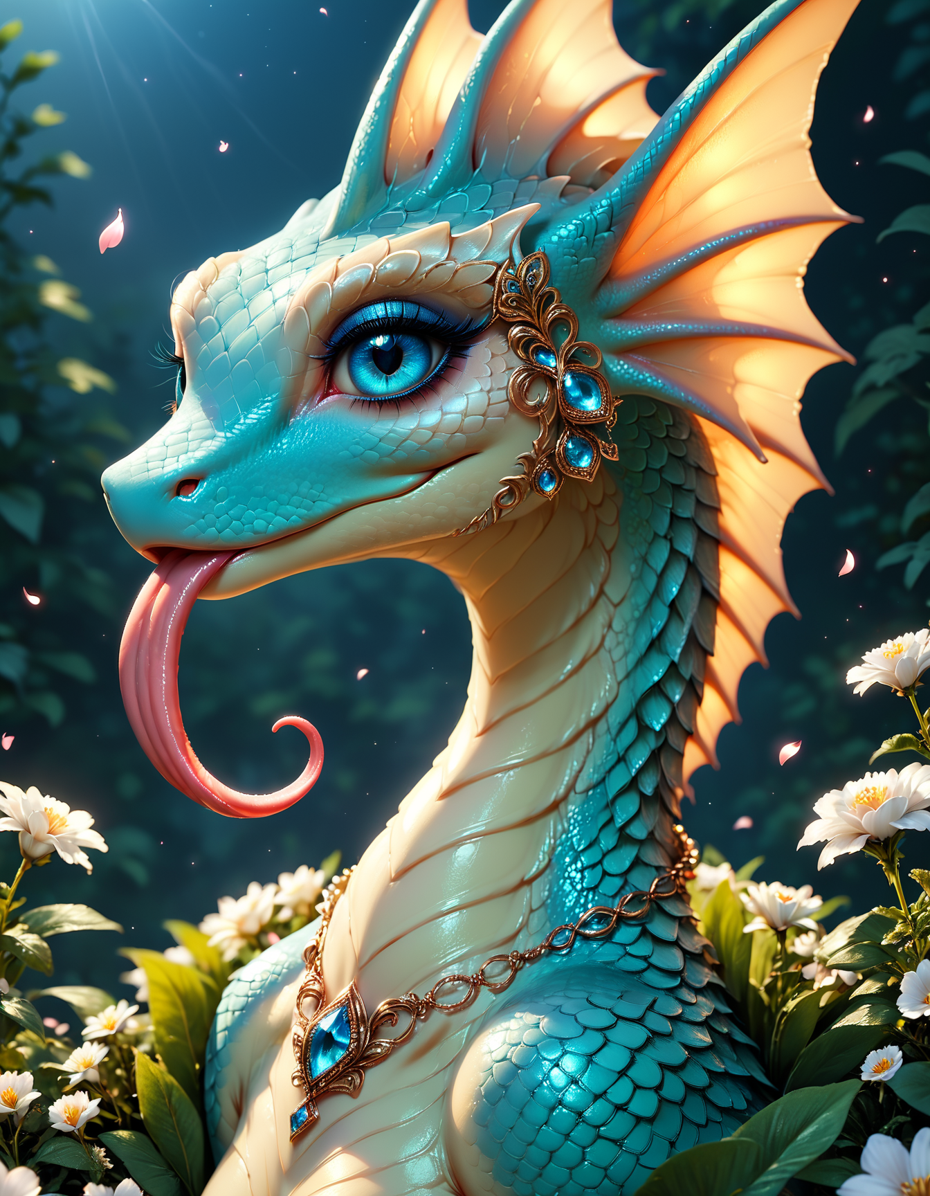 score_9, score_8_up, score_7_up, score_6_up, score_5_up, score_4_up, extremely detailed, furry, beautiful lizard woman, scales, head fin, long tongue, realistic, extremely detailed, beautiful icy blue eyes, long eyelashes, color intricate scales, beautiful lush garden background, night sky, dark shadows, jeweled necklace, wearing a petal gown
, <lora:add-detail-xl:1>, <lora:MJ52:0.5>, <lora:xl_more_art-full_v1:0.5>, <lora:detailed_notrigger:1>, <lora:d3t41l3dXLP:0.5>, <lora:sss:1>