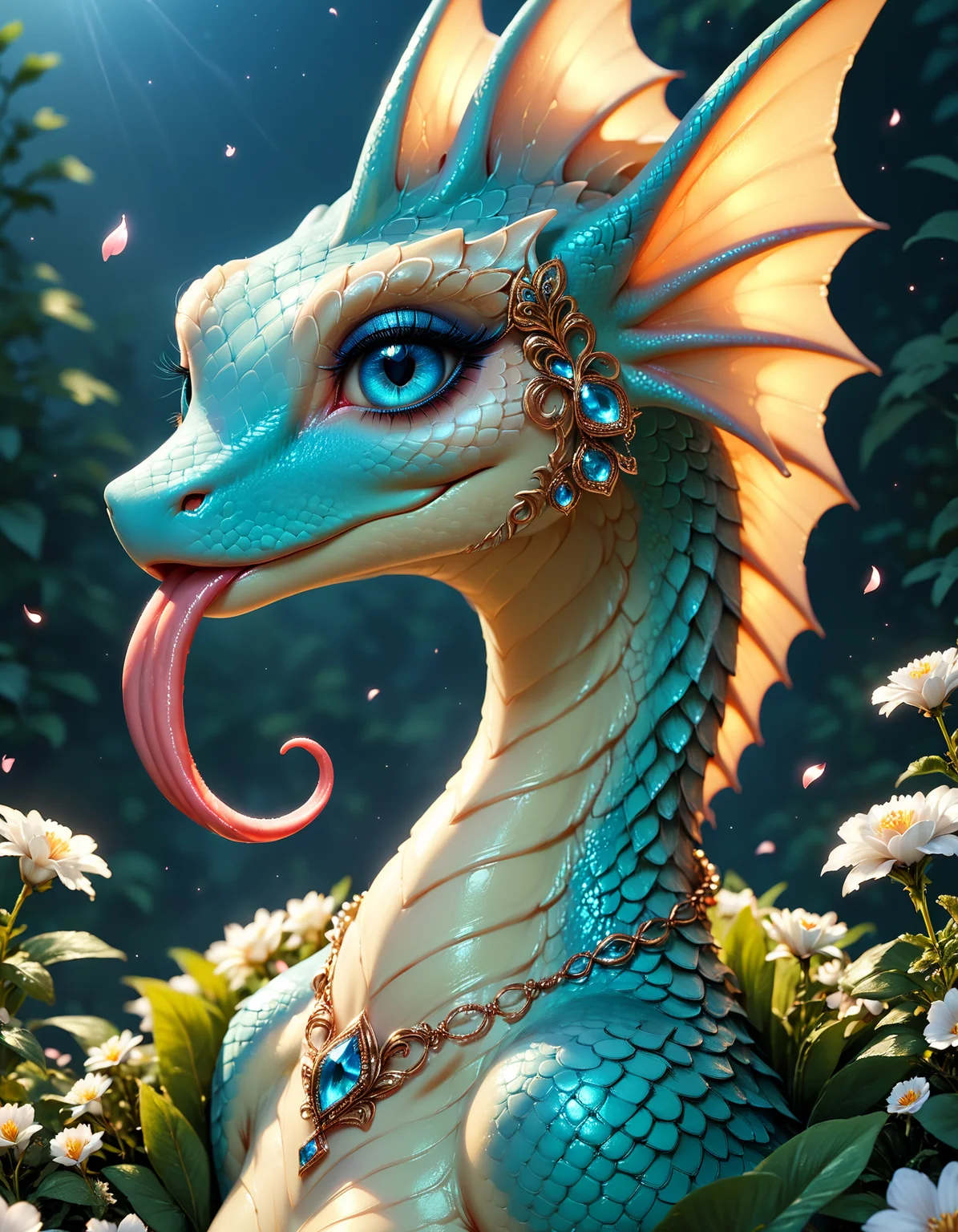 score_9, score_8_up, score_7_up, score_6_up, score_5_up, score_4_up, extremely detailed, furry, beautiful lizard woman, scales, head fin, long tongue, realistic, extremely detailed, beautiful icy blue eyes, long eyelashes, color intricate scales, beautiful lush garden background, night sky, dark shadows, jeweled necklace, wearing a petal gown
, <lora:add-detail-xl:1>, <lora:MJ52:0.5>, <lora:xl_more_art-full_v1:0.5>, <lora:detailed_notrigger:1>, <lora:d3t41l3dXLP:0.5>, <lora:sss:1>