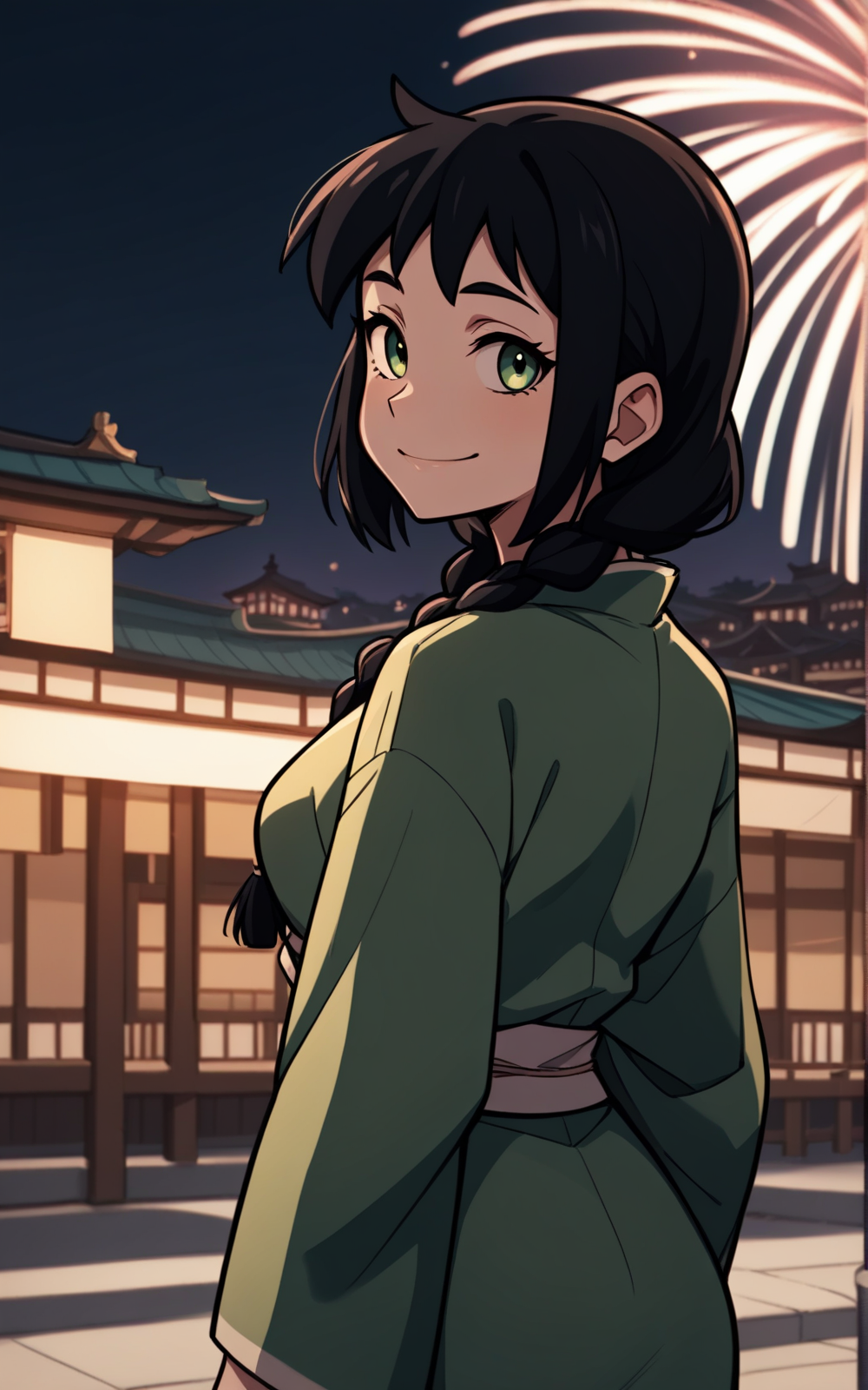 best quality, absurdres, <lora:BolivanteStyleITS:0.8>, <lora:JATLAITS:0.8>, JATLAITS, twin braids,hair over shoulder, green kimono, kimono, long sleeves, japanese clothes, black hair, slim, looking at viewer, smile,night,fireworks,smile, from behind , looking back, city, temple, asia
