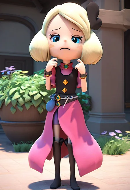 score_9, score_8_up, score_7_up, best quality, uncensored, source_anime, BREAK
1girl, sw-mayone, blond hair, short hair, heart hair ornament, blure eyes, blush stickers, pink dress, brown vest, sw-mayone outfit, purple bike shorts, brown thigh boots, 3D,
from below, hands up, tired, outdoors, 
<lora:sdxl_lightning_8step_lora:1> <lora:sw-mayone_XL(pony):1>