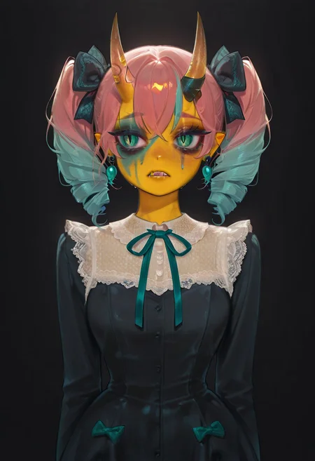 masterpiece, best quality, amazing quality, very aesthetic, high resolution, ultra-detailed, absurdres, 1girl, multicolored hair, pink hair, aqua hair, twin drills, green eyes, colored skin, yellow skin, painted face, ruined makeup, earrings, black dress, bow, ribbon, long sleeves, neck ribbon, lace trim, oni horns, sharp teeth,