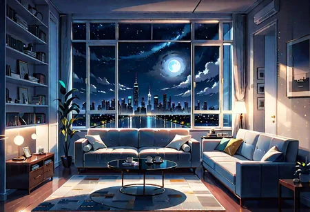 ((front view)), Shallow scene, ((animation style)), modern-style interior, with white walls, (large windows), a  study, Sofa, coffee table, bookcase, single wall, (gloomy room), Turn off the indoor lights , quiet and mysterious night sky, starry sky, moonlight, city night view, (City high-rise building scenery), (City scenery outside the window)