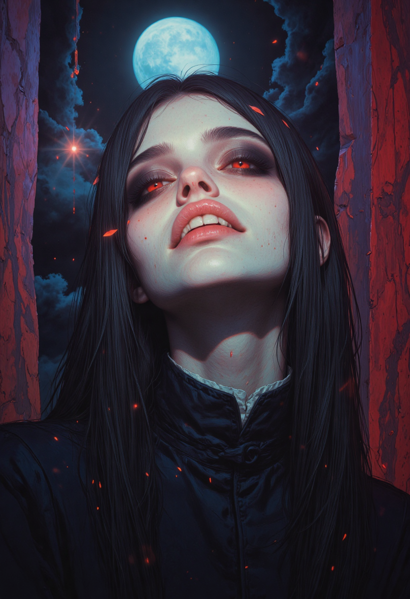 A stunning, cinematic extreme close-up depicts a terrifyingly beautiful yet lethal vampire woman with her head tilted up to the sky and a subtle grin that reveals her vampire fangs. Deep red blood drips down her fangs and runs down her chin. Her mesmerizing, glowing red eyes are a frighteningly supernatural color. Her flawless skin has a matte finish like ceramic bisque, subtly lit with soft diffused lighting, light scattering, and gentle highlight diffusion that creates muted reflections. She wears a high collared black top that hasn't been fashionable for centuries, but manages to pull it off. The background is deep purples, blues, and blacks and the moon is full. Backlighting emphasizes the sharp edges of her frightening visage while creating a dramatic, atmospheric bloom that illuminates dust particles swirling in the air. The scene is hauntingly beautiful yet chilling and intense, with an expert blend of the supernatural and artistry that showcases both the woman's lethal capabilities and unnerving allure.<lora:FluxMythAn1meL1nes:0.45> An1meL1nes,<lora:openart_Teal_Sunset_III_20250115_084643:0.45>,<lora:petra-collins-flux1-dev-v1-000180:0.45> in the style of petra-collins, a fashion photo,<lora:flux.1_lora_flyway_Epic-detail_v2:0.45>,<lora:OBååå®èåç»V2.0:0.45> OBxiaoxiang<lora:FluxF4ngs:1.0>, <lora:FluxMythAn1meL1nes:0.4><lora:openart_Teal_Sunset_III_20250115_084643:0.3>,<lora:petra-collins-flux1-dev-v1-000180:0.45><lora:flux.1_lora_flyway_Epic-detail_v2:0.4><lora:OBååå®èåç»V2.0:0.45>