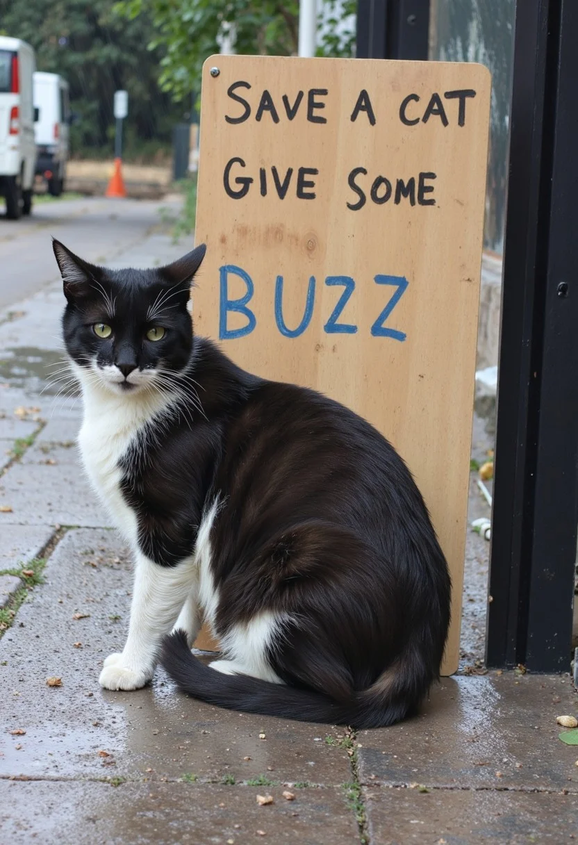 a wet cat sitting in the rain next to a sign with text "Save a cat give some BUZZ", iphone photo, ancientstyle