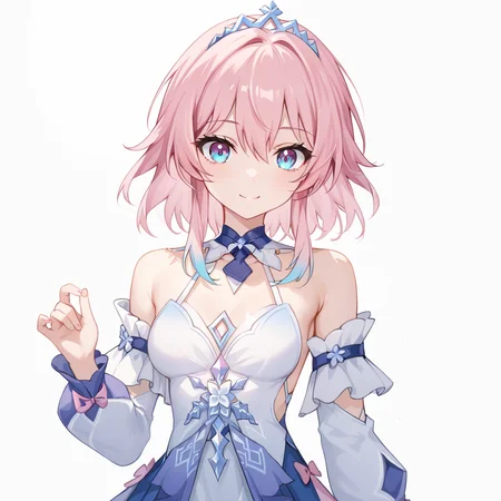 score_9, score_8_up, score_7_up, simple background, light smile,
1girl, march7thdress, pink hair, bare shoulders, detached sleeves, 
<lora:march7th_dress_pony_v2:0.8>