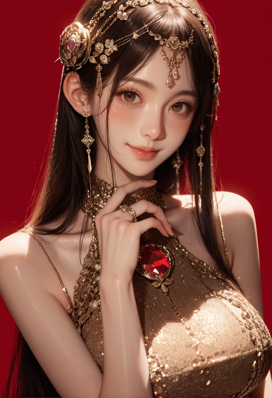 1girl,red background,,ruanyi1009,sleeveless dress,jewelry,gem,hair ornament,<lora:1009 performance clothes_v1_pony:1>, score_9, score_8_up, score_7_up, score_6_up, score_9, score_8_up, score_7_up, score_6_up source_anime, blush, 1girl, seduce smile, perfect body , natural huge breasts